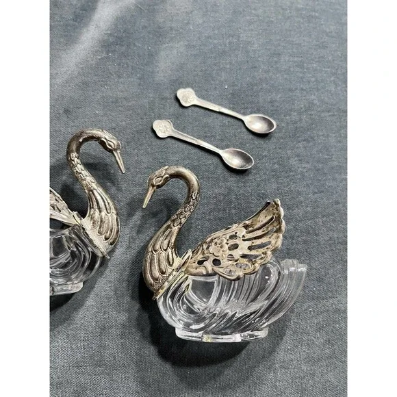 Pair of 3" Large Vtg Germany Silver & Crystal Swan Master Salt Cellars w/Spoons - Picture 3 of 16